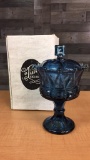 VTG FOSTORIA TIARA GLASS BLUE WINDSOR CROWN DISH