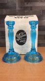 VTG TIARA GLASS BLUE HORIZON DUCHESS CANDLE STICKS