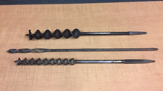 3) ANTIQUE LARGE AUGER DRLL BITS