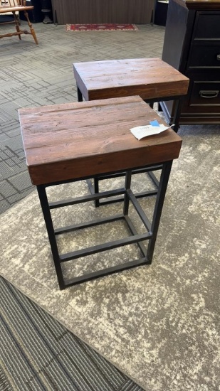 2) INDUSTRIAL WOOD AND IRON STOOLS