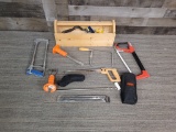 SAWS & HAND TOOLS IN WOODEN TOOLBOX