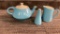 MCM SKY BLUE AND WHITE TEAPOT, CREAMER & SHAKER