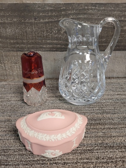 WEDGWOOD TRINKET BOX, CRYSTAL PITCHER, & MORE