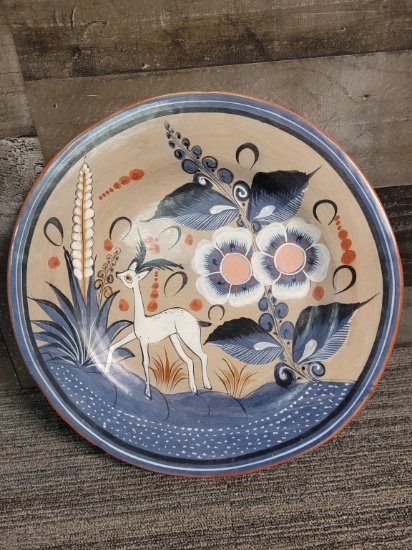 VTG MEXICAN CLAY CHARGER PLATE WITH DEER & FLOWERS