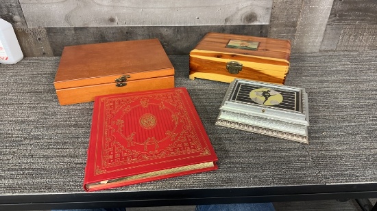 WOODEN JEWELRY/ TRINKET BOXES & OPERA BOOK