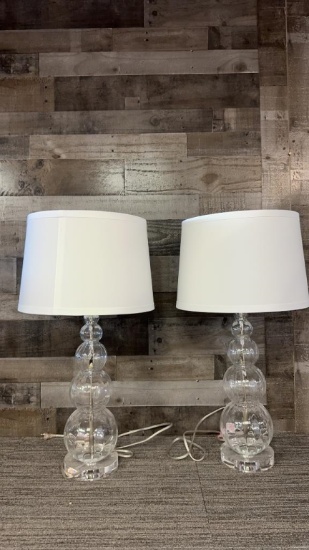 PAIR OF BLOWN GLASS STACKED BUBBLE LAMPS W SHADES