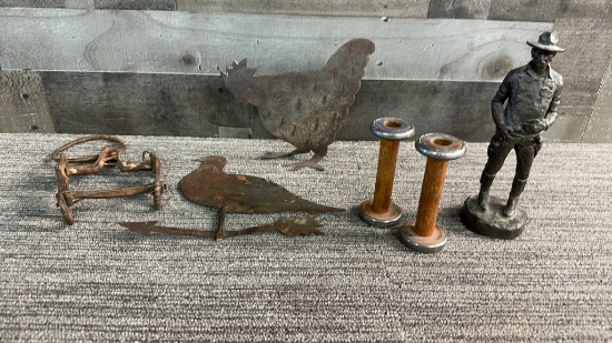 MICHAEL GARMAN, VTG WOOD SPOOLS, ROOSTER FIGURINE+