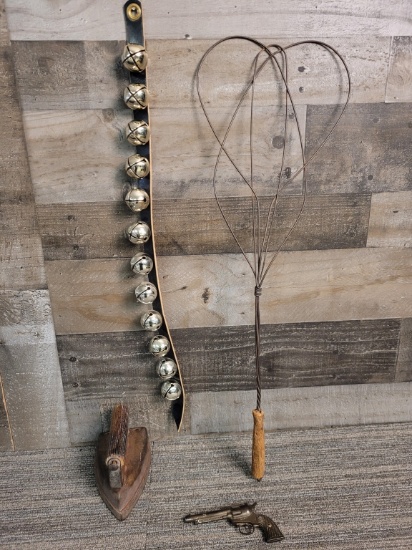 28" SLEIGH BELLS, IRON, RUG BEATER & VTG BOTTLE