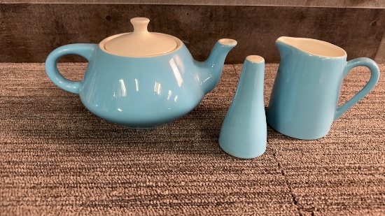 MCM SKY BLUE AND WHITE TEAPOT, CREAMER & SHAKER