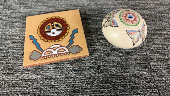 OSCAR RAMIREZ POTTERY SEED POT & ZUNI TILE SUN ART