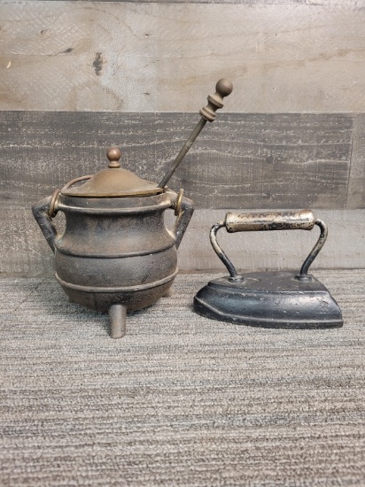 CAST IRON & BRASS FOOTED SMUDGE POT W WAND & IRON