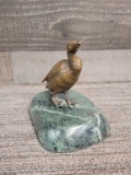BRONZE DUCK SCULPTURE ON GREEN MARBLE