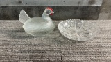 CLEAR GLASS HEN & HOBSTAR CUT GLASS DISH