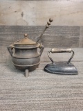 CAST IRON & BRASS FOOTED SMUDGE POT W WAND & IRON