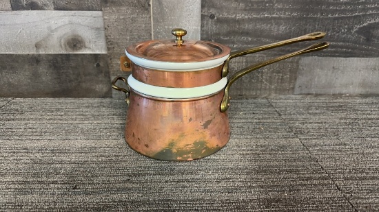 VTG HALL COPPER, BRASS, & CERAMIC DOUBLE BOILER