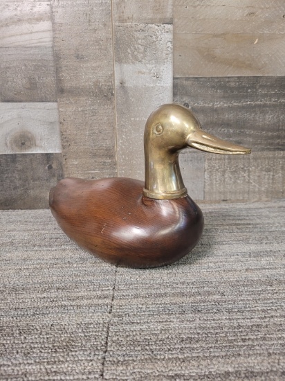 VTG HANDCARVED WOOD & BRASS DECOY DUCK