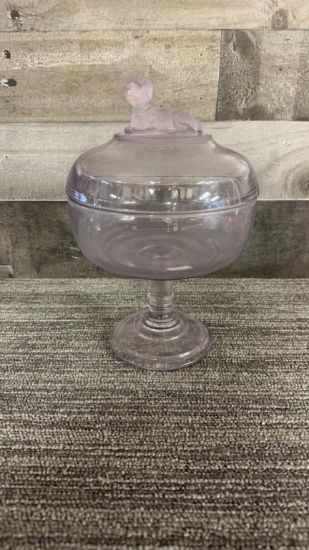 EAPG AMETHYST GLASS DOG FIGURAL COVERED DISHFROST