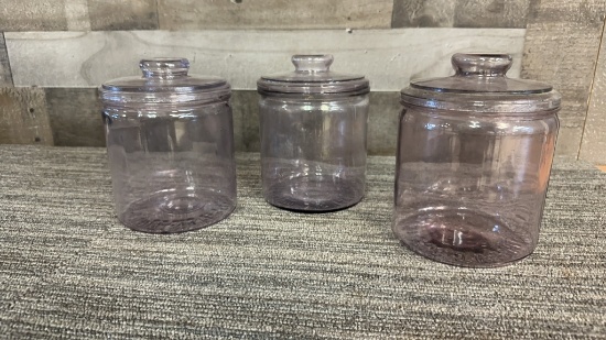 3) ANTIQUE AMETHYST GLASS TOBACCO HUMIDOR JARS