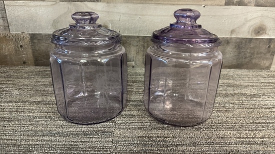 2) ANTIQUE AMETHYST GLASS TOBACCO HUIMDOR JARS