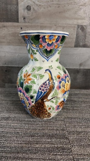 D.P. DELFT POLYCHROME PEACOCK VASE