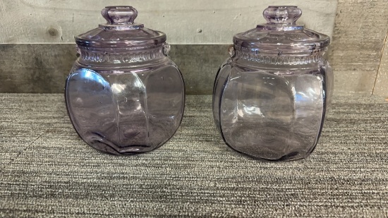 2) ANTIQUE AMETHYST GLASS TOBACCO HUIMDOR JARS