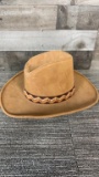 BROWN SUEDE COWBOY HAT WITH BAND AND FEATHERS