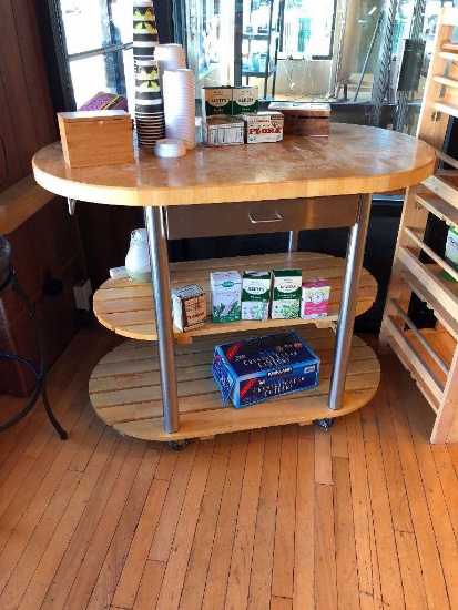 Wood and Metal Kitchen Cart w/ Cutting Board Top, SS Drawer, Rolling