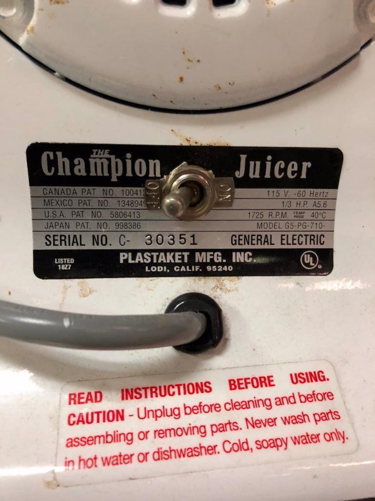 Plastaket Mfg. The Champion Juicer - General Electric | Industrial  Machinery & Equipment Food & Beverage Service Equipment Grocery Store  Equipment | Online Auctions | Proxibid