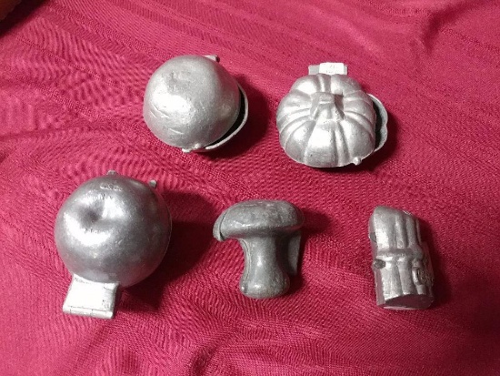 Ice cream molds (5), all pewter, fruits and vegetables, all Exc cond. Pumpkin,Mushroom,Apple,Tomato+