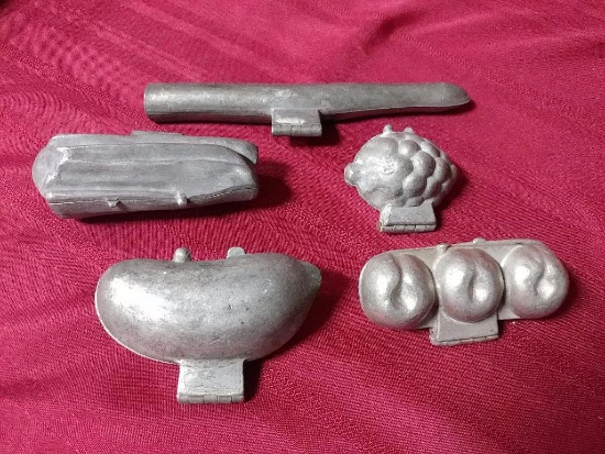 Ice cream molds (5), all pewter, fruits and vegetables, all Exc cond.,Corn,Tomatos,Asparagus,Orange+