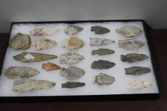 22 Arrowheads in Glass Top Display Case, Arrowhead Collection