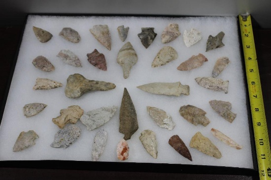 34 Arrowheads, in Glass Top Display Case, Arrowhead Collection