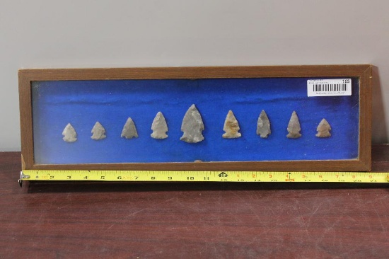 9 Arrowheads, in Glass Top Display Case, Arrowhead Collection