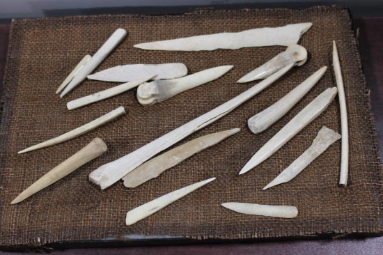 17 Bone Carved Native American Sewing Tools, in Glass Top Display Case