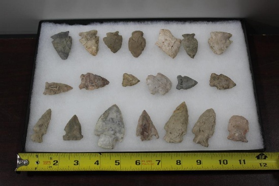 20 Arrowheads, in Glass Top Display Case, Arrowhead Collection