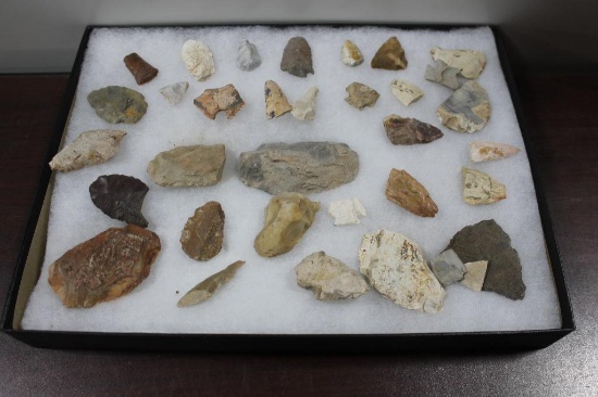 34 Indian Artifacts Scrapers, Pottery & Points, in Glass Top Display Case, Genuine Iowa Artifacts