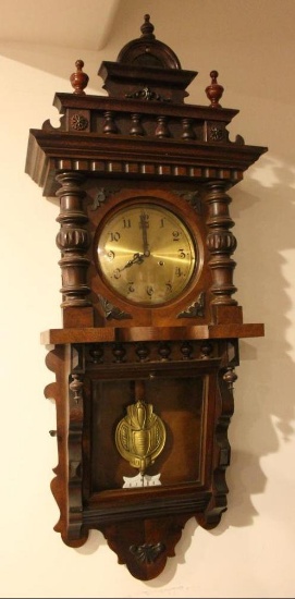 Junghan, Ornate Walnut 8-Day Wall Clock w/ Brass Dial