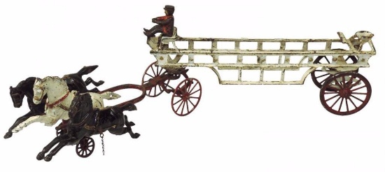 Early Toy horse-drawn ladder truck w/driver, cast iron, missing ladders, o/wise VG cond w/orig paint