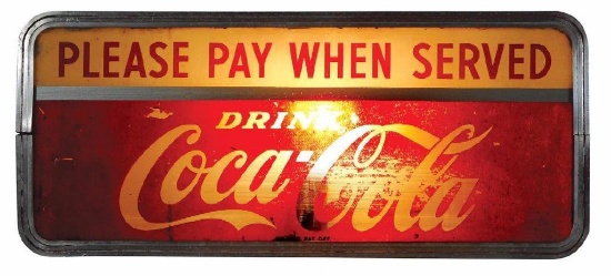 Coca-Cola light-up sign, "Please pay when served" reverse on glass in metal frame, 19.5" x 8.5"
