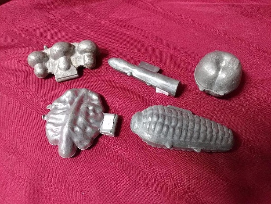 Ice cream molds (5), all pewter, fruits and vegetables, all Exc cond., Corn, Asparagus, Mushroom+
