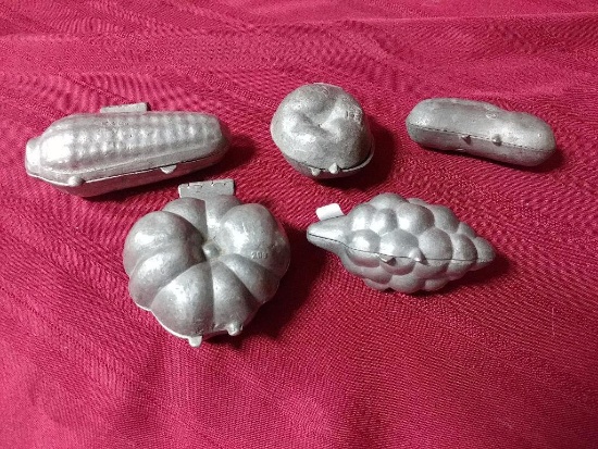 Ice cream molds (5), all pewter, fruits and vegetables, all Exc cond., Corn,Grapes++