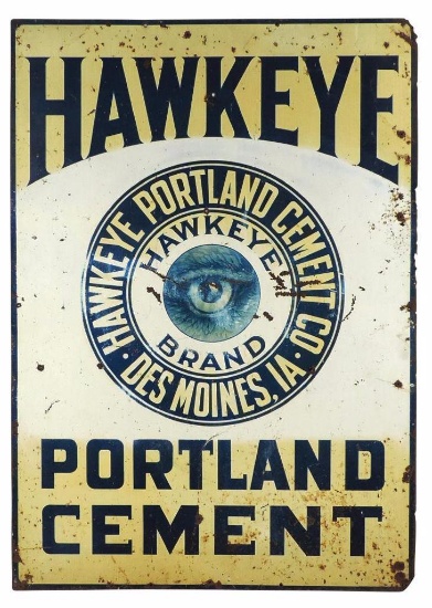 Hardware sign, Hawkeye Portland Cement-Des Moines, IA, metal w/hawk's eye graphic, 28" x 19.5"