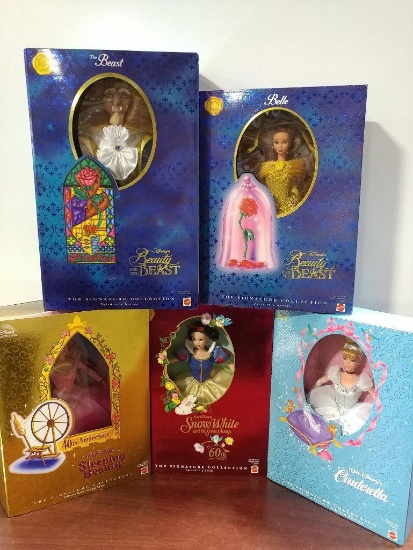 Lot of 5 Walt Disney Princess Barbies By Mattel Including Snow White, Sleeping Beauty, Cinderella