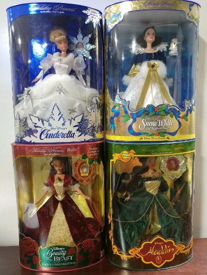 Lot of 4 Disney Princess Barbies By Mattel Including Aladdin, Belle, Snow White and Cinderella