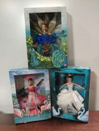 Lot of 3 Birds of Beauty Barbies by Mattel Including Flamingo, Swan and Peacock