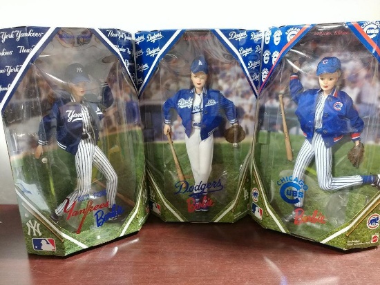 Lot of 3 Baseball Barbie's by Mattel Including Cubs, Yankees and Dodgers