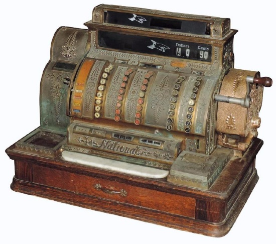 National Cash Register on Base w/ Center Drawer, Model 542, missing marquee & top glass, c.1910