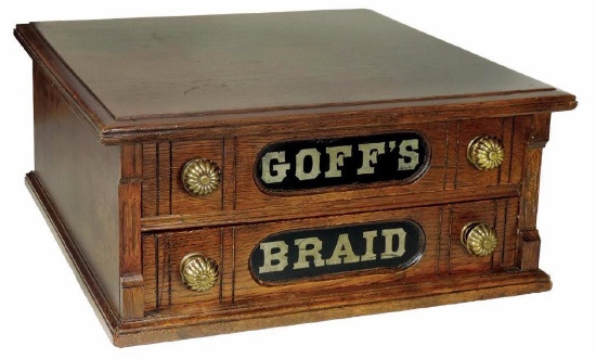 Goff's Braid, oak 2-drawer Cabinet mushroom knobs, Exc cond w/orig front & back decals, 8"H x 18"Sq.