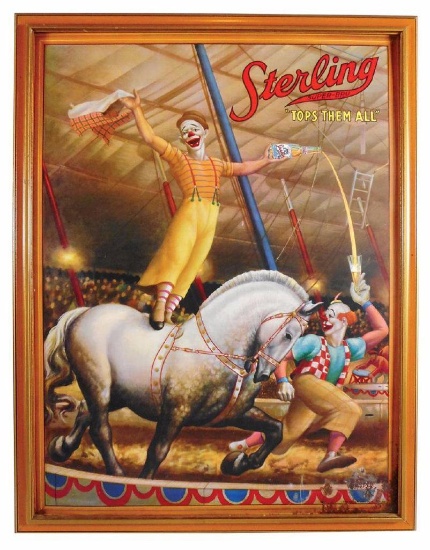 Sterling Beer, "Sterling Super-Bru Tops Them All", litho on metal w/wonderful circus graphic c. 1938