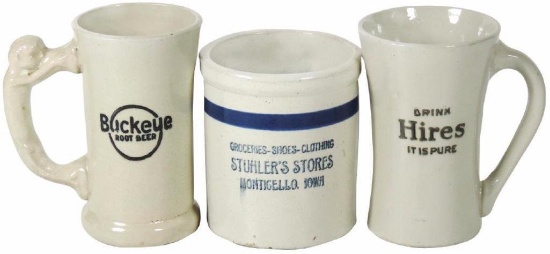Stoneware Mugs Stuhler's Stores-Monticello, IA, Hires & Buckeye Root Beer, all Exc cond, 5" to 7.5"H